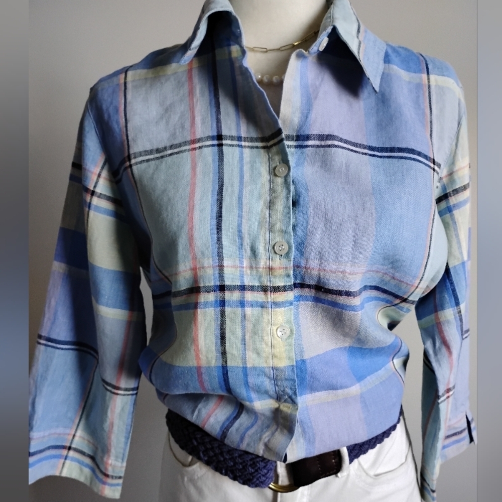 Liz Claiborne Linen Blue Plaid Button Up Shirt 3/4 Sleeves Coastal Size Medium - Picture 11 of 14